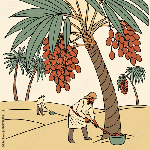 Date palm harvesting with workers collecting fruit