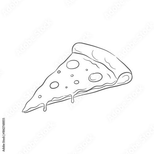 A simple line drawing of a slice of pizza with melted cheese