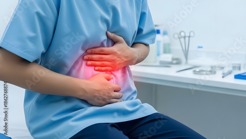 Person suffering from acute abdominal pain, hands on stomach with red highlight, in a medical setting. Digestive health concept.