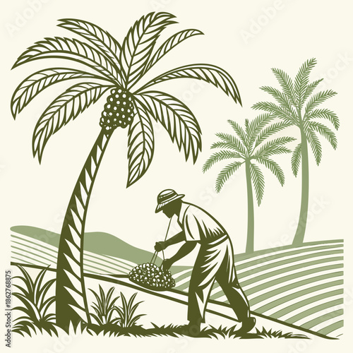 Man harvesting palm fruits in plantation palm tree