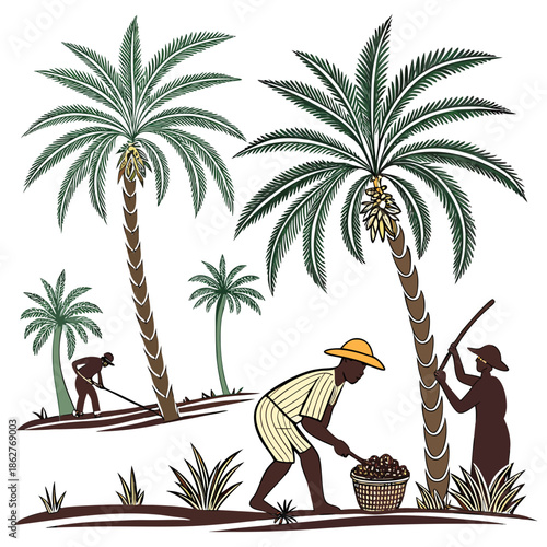 Palm tree farming culture with workers harvesting palm trees