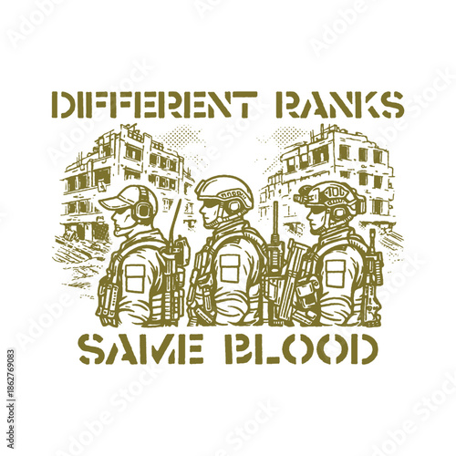 monochromatic line art illustration depicts three tactical operators united by brotherhood amidst a war torn city