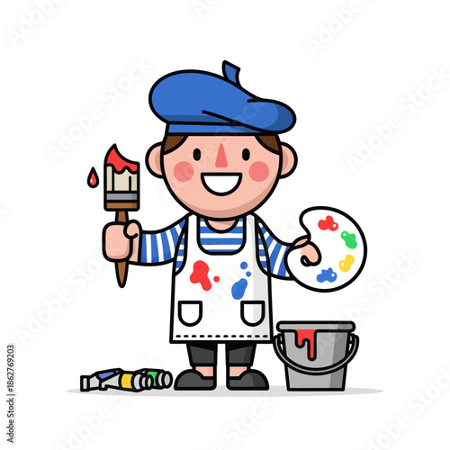 Happy Cartoon Artist Painting with Brush and Palette on White Background
