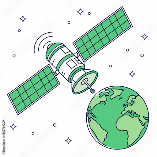 Green satellite orbiting planet earth with solar panels