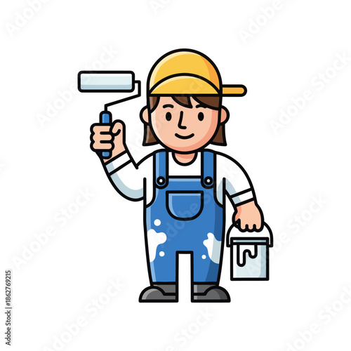 Cartoon painter woman with paint roller and bucket in overalls, flat design illustration