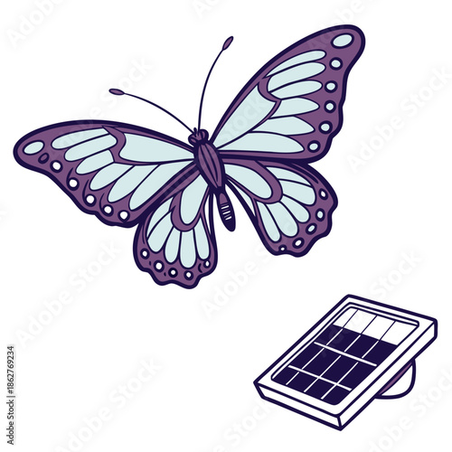 Purple butterfly flying above small solar panel on white background