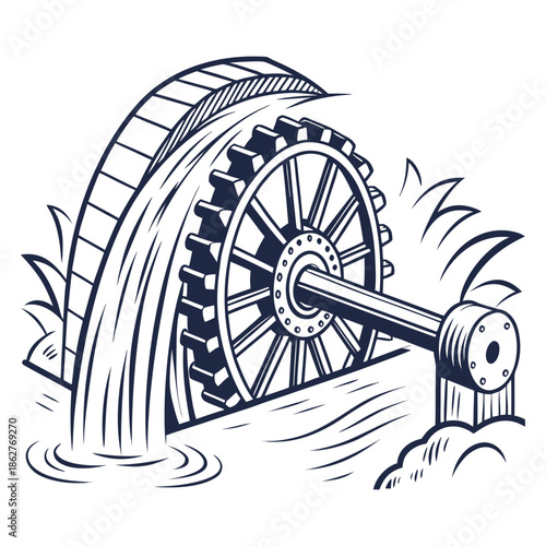 Hydro turbine blades turning under water flow water wheel