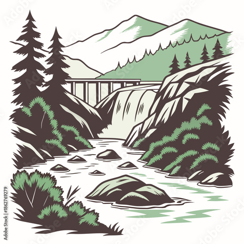 Mountain stream feeding into power reservoir with bridge