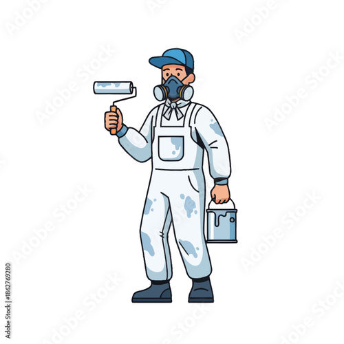 Professional painter in protective suit with paint roller and bucket, ready for work