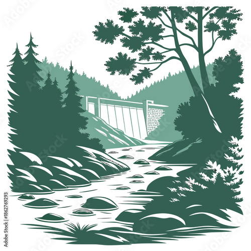 Mountain stream flowing into power dam reservoir surrounded by trees