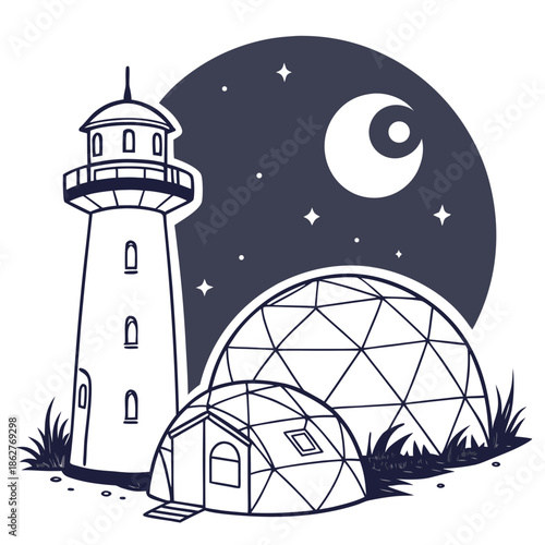 Night scene with lighthouse and geodesic domes under starry sky