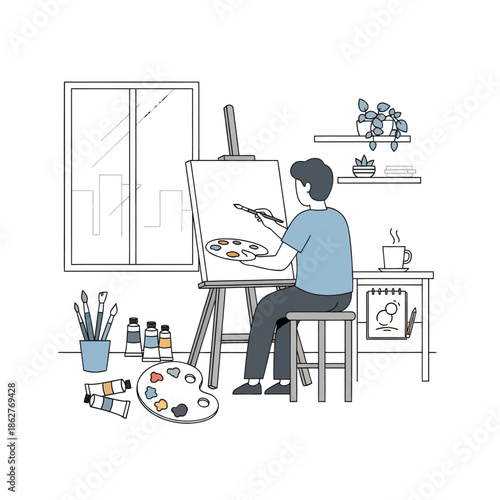 Artist painting at easel in studio with supplies and window view