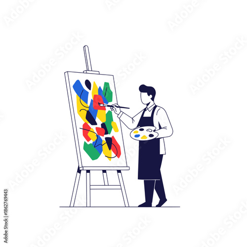 Artist painting abstract art on canvas easel with palette and brush, modern creative illustration