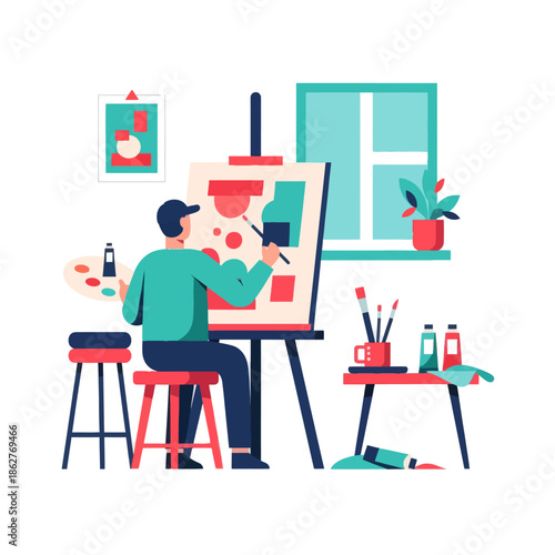 Artist painting on canvas easel in studio, modern flat illustration