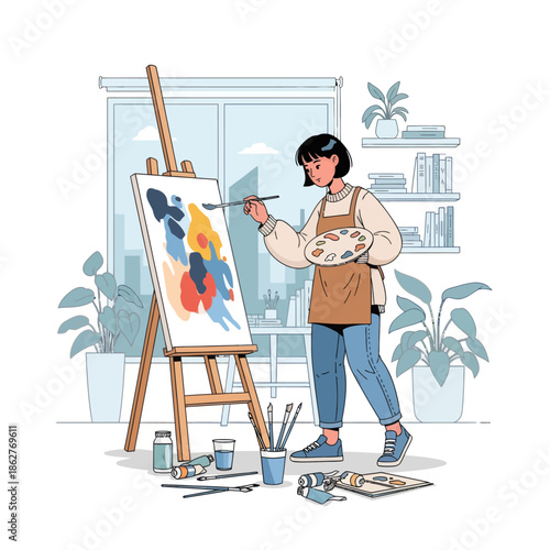 Artist painting abstract art on canvas easel in studio with plants and window view