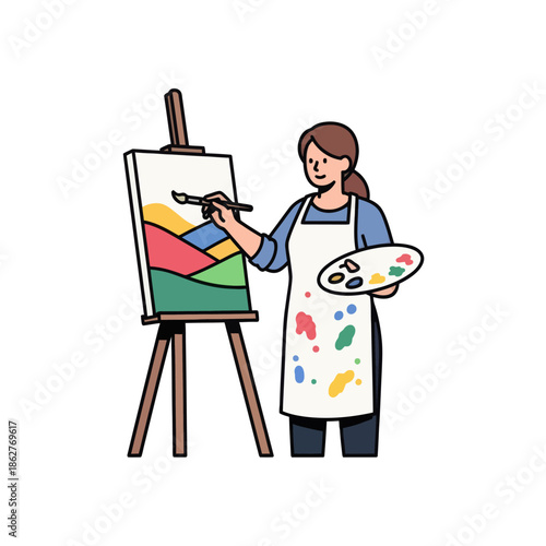 Woman painter creating landscape art on canvas easel with palette and brush