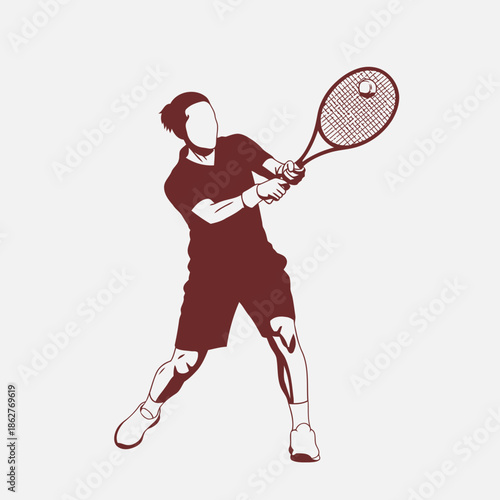 Silhouette of a tennis player in action with racket on colored background