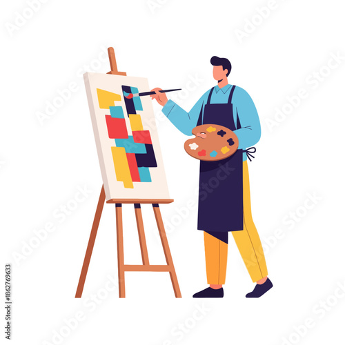 Artist painting abstract art on canvas easel with palette and brush, creative process