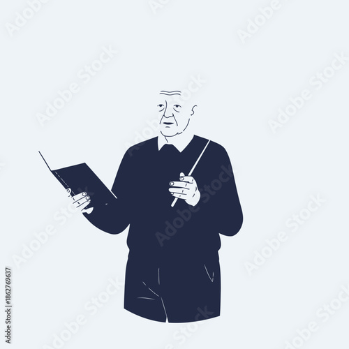 Vector illustration of a man holding a tablet and stylus in a simple style