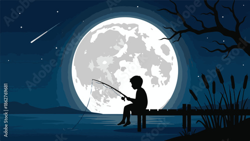 Silhouette of boy fishing under a full moon and starry night sky