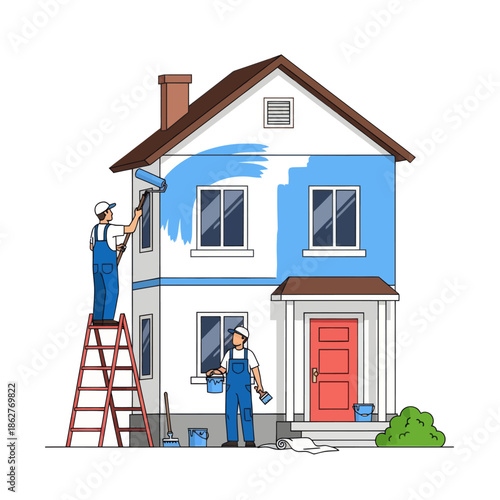 Two painters renovating a house, painting exterior walls blue with rollers and brushes.