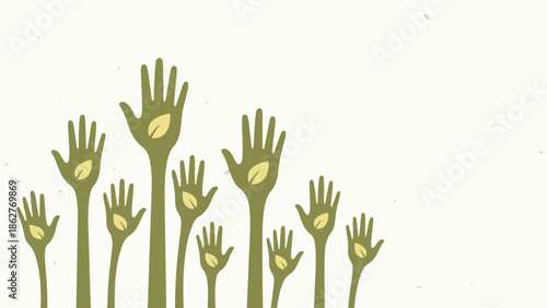 Green hands with leaves growing upwards, symbolizing environmental care and growth