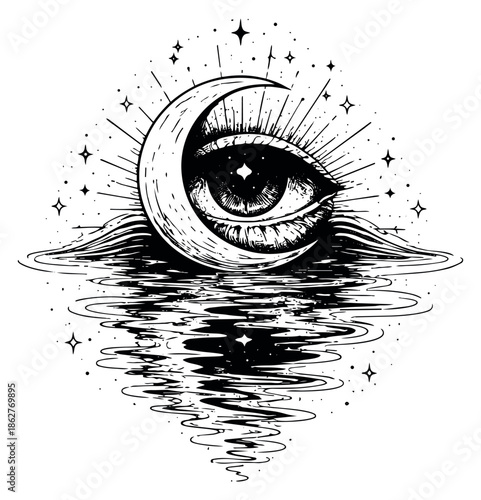 Hand drawn illustration of a mystical eye and crescent moon depicting cosmic reflection for esoteric design