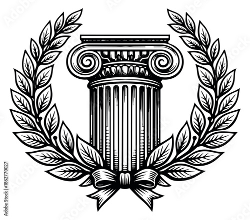 Hand drawn line art illustration of an ionic column capital and a laurel wreath depicting a classical emblem for historical and academic designs