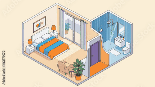 Isometric illustration of a modern bedroom and bathroom with minimalist decor
