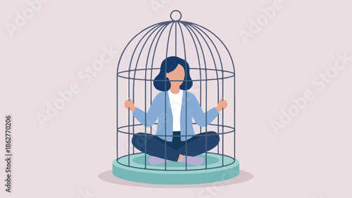 Woman in a birdcage, symbolizing confinement, restriction, and mental health issues.