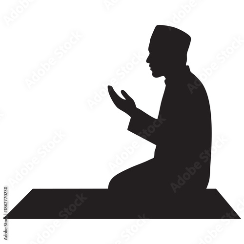 Black silhouette of a man wearing a kufi praying on a prayer mat male