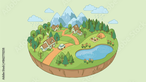 Isometric village illustration with houses, mountains, forest, lake, and camping