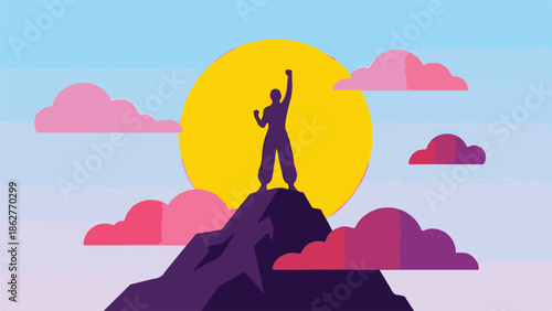 Victorious silhouette on mountain peak against rising sun, symbol of achievement