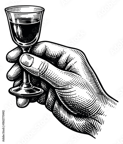 Vintage hand drawn illustration of a hand holding a shot glass depicting a celebratory drink for beverage and celebration designs
