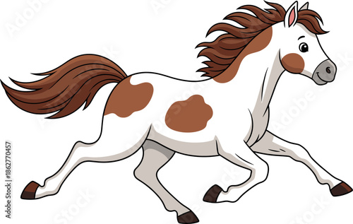 Cute Cartoon Pinto Horse Galloping, Happy Brown and White Spotted Pony Running Vector Illustration for Kids and Farm Designs.