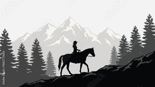 Cowgirl riding horse in mountain landscape silhouette illustration