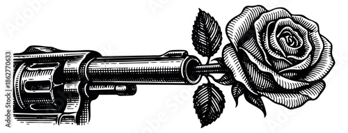 Hand drawn line art illustration of a revolver and a rose depicting a flower emerging from the barrel for peace themes
