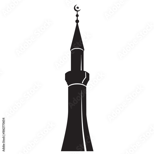 Black silhouette of a minaret with crescent moon and star mosque islam