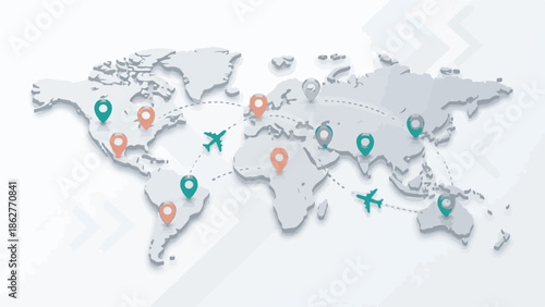 Global network of travel and logistics on a world map