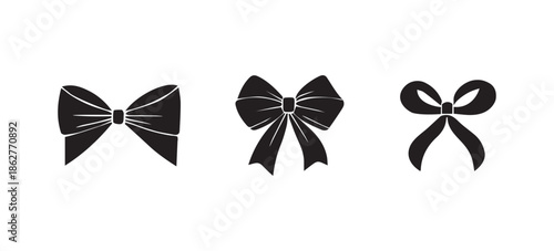 Elegant black ribbon bows set vector outline illustrations.