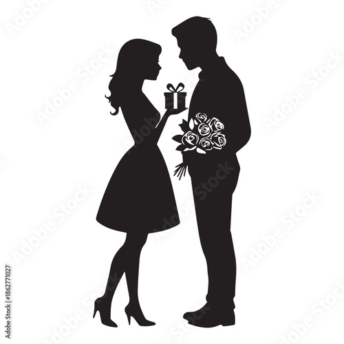 Couple Silhouette with Gift and Flowers