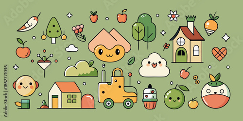 Kawaii Fruit and Nature Character Icon Set - Hand-Drawn Doodle Style, Adorable Pastel Mascot Collection - Cute Minimalist Stickers