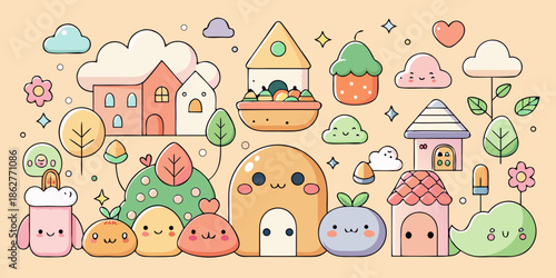 Kawaii Fruit and Nature Character Icon Set - Hand-Drawn Doodle Style, Adorable Pastel Mascot Collection - Cute Minimalist Stickers
