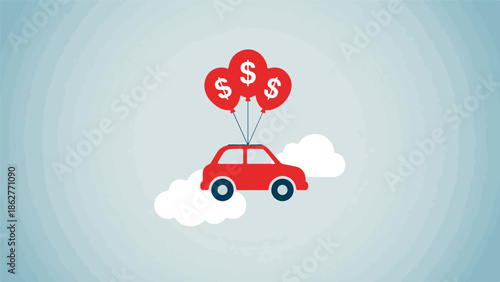 Red car with dollar sign balloons floating in sky, concept of car finance