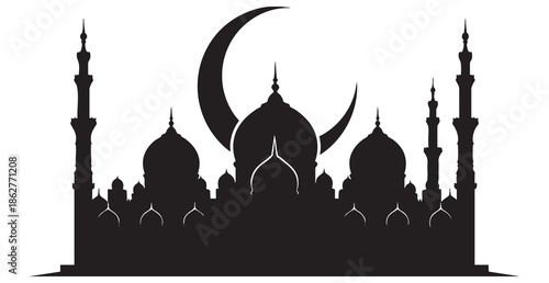 Black silhouette of a mosque with crescent moon and domes islam