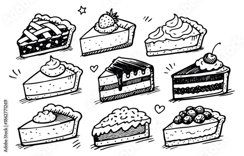 Hand drawn line art dessert set featuring pie and cake slices with various toppings for bakery menus