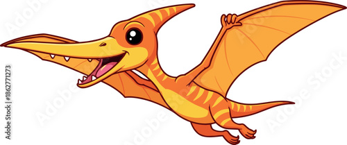Cute Cartoon Pterodactyl Dinosaur Flying with Wings Spread, Happy Orange Prehistoric Pterosaur Character Vector Illustration for Kids.