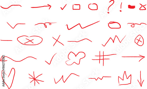 hand-drawn red doodle marks and annotation symbols