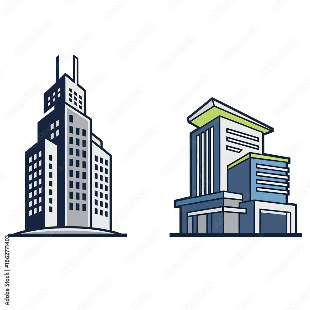 Fototapeta premium Modern office buildings in blue and green