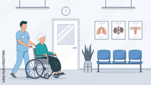 Nurse Pushing Elderly Woman in Wheelchair in Hospital Waiting Room